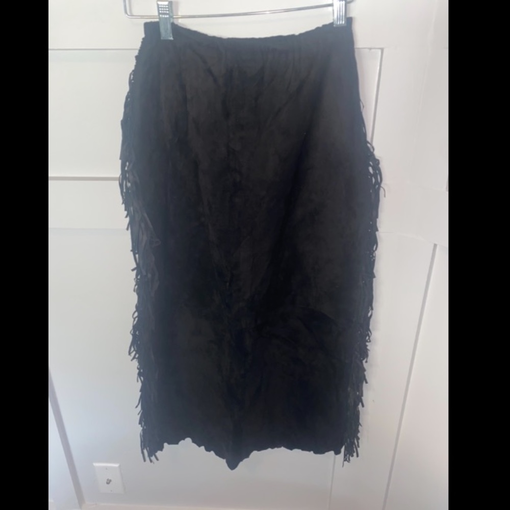 Vintage Patricia Wolf Suede Fringe Skirt Black Western Size M Rare